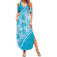 Hawaii Breadfruit Palaka Summer Maxi Dress Polu Maile Lei LT9 Women Blue - Polynesian Pride
