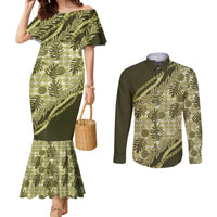 Hawaii Breadfruit Palaka Couples Matching Mermaid Dress and Long Sleeve Button Shirt Omaomao Maile Lei - Polynesian Pride