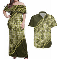 Hawaii Breadfruit Palaka Couples Matching Off Shoulder Maxi Dress and Hawaiian Shirt Omaomao Maile Lei LT9 Green - Polynesian Pride