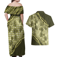 Hawaii Breadfruit Palaka Couples Matching Off Shoulder Maxi Dress and Hawaiian Shirt Omaomao Maile Lei LT9 - Polynesian Pride