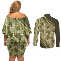Hawaii Breadfruit Palaka Couples Matching Off Shoulder Short Dress and Long Sleeve Button Shirt Omaomao Maile Lei - Polynesian Pride