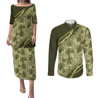Hawaii Breadfruit Palaka Couples Matching Puletasi and Long Sleeve Button Shirt Omaomao Maile Lei LT9 Green - Polynesian Pride