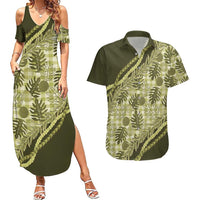 Hawaii Breadfruit Palaka Couples Matching Summer Maxi Dress and Hawaiian Shirt Omaomao Maile Lei LT9 Green - Polynesian Pride