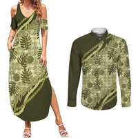 Hawaii Breadfruit Palaka Couples Matching Summer Maxi Dress and Long Sleeve Button Shirt Omaomao Maile Lei LT9 Green - Polynesian Pride
