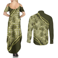 Hawaii Breadfruit Palaka Couples Matching Summer Maxi Dress and Long Sleeve Button Shirt Omaomao Maile Lei LT9 - Polynesian Pride
