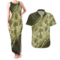 Hawaii Breadfruit Palaka Couples Matching Tank Maxi Dress and Hawaiian Shirt Omaomao Maile Lei LT9 Green - Polynesian Pride