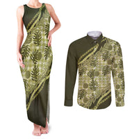 Hawaii Breadfruit Palaka Couples Matching Tank Maxi Dress and Long Sleeve Button Shirt Omaomao Maile Lei - Polynesian Pride