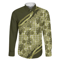 Hawaii Breadfruit Palaka Family Matching Tank Maxi Dress and Hawaiian Shirt Omaomao Maile Lei LT9 Dad's Shirt - Long Sleeve Green - Polynesian Pride
