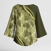 Hawaii Breadfruit Palaka Kimono Sleeve Blouse Omaomao Maile Lei LT9 - Polynesian Pride