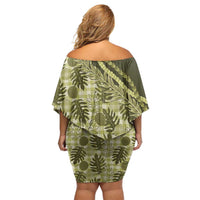 Hawaii Breadfruit Palaka Off Shoulder Short Dress Omaomao Maile Lei - Polynesian Pride