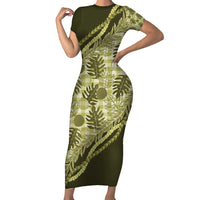 Hawaii Breadfruit Palaka Short Sleeve Bodycon Dress Omaomao Maile Lei - Polynesian Pride