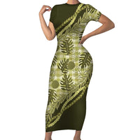 Hawaii Breadfruit Palaka Short Sleeve Bodycon Dress Omaomao Maile Lei LT9 Long Dress Green - Polynesian Pride