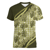Hawaii Breadfruit Palaka Women V-Neck T-Shirt Omaomao Maile Lei LT9 Female Green - Polynesian Pride