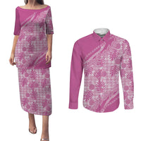 Hawaii Breadfruit Palaka Couples Matching Puletasi and Long Sleeve Button Shirt Omaomao Ulaula Maile Lei LT9 Pink - Polynesian Pride
