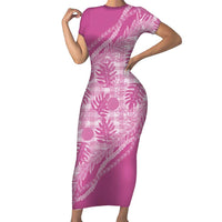 Hawaii Breadfruit Palaka Short Sleeve Bodycon Dress Omaomao Ulaula Maile Lei LT9 Long Dress Pink - Polynesian Pride