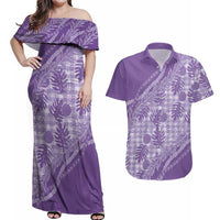 Hawaii Breadfruit Palaka Couples Matching Off Shoulder Maxi Dress and Hawaiian Shirt Poni Maile Lei LT9 Purple - Polynesian Pride