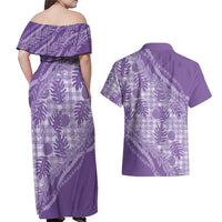 Hawaii Breadfruit Palaka Couples Matching Off Shoulder Maxi Dress and Hawaiian Shirt Poni Maile Lei LT9 - Polynesian Pride
