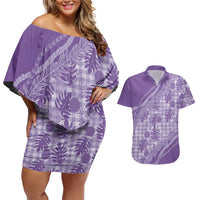Hawaii Breadfruit Palaka Couples Matching Off Shoulder Short Dress and Hawaiian Shirt Poni Maile Lei LT9 Purple - Polynesian Pride