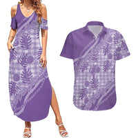 Hawaii Breadfruit Palaka Couples Matching Summer Maxi Dress and Hawaiian Shirt Poni Maile Lei LT9 Purple - Polynesian Pride
