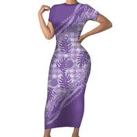 Hawaii Breadfruit Palaka Short Sleeve Bodycon Dress Poni Maile Lei LT9 Long Dress Purple - Polynesian Pride