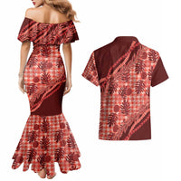 Hawaii Breadfruit Palaka Couples Matching Mermaid Dress and Hawaiian Shirt Ulaula Maile Lei - Polynesian Pride