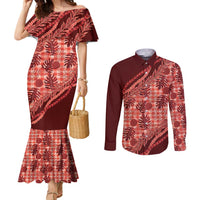 Hawaii Breadfruit Palaka Couples Matching Mermaid Dress and Long Sleeve Button Shirt Ulaula Maile Lei - Polynesian Pride