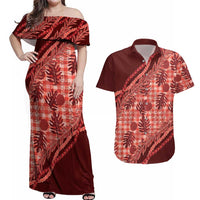 Hawaii Breadfruit Palaka Couples Matching Off Shoulder Maxi Dress and Hawaiian Shirt Ulaula Maile Lei LT9 Red - Polynesian Pride
