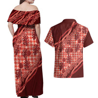 Hawaii Breadfruit Palaka Couples Matching Off Shoulder Maxi Dress and Hawaiian Shirt Ulaula Maile Lei LT9 - Polynesian Pride