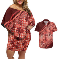 Hawaii Breadfruit Palaka Couples Matching Off Shoulder Short Dress and Hawaiian Shirt Ulaula Maile Lei LT9 Red - Polynesian Pride