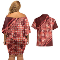 Hawaii Breadfruit Palaka Couples Matching Off Shoulder Short Dress and Hawaiian Shirt Ulaula Maile Lei LT9 - Polynesian Pride