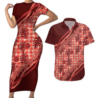 Hawaii Breadfruit Palaka Couples Matching Short Sleeve Bodycon Dress and Hawaiian Shirt Ulaula Maile Lei LT9 Red - Polynesian Pride