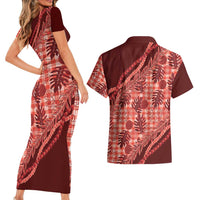 Hawaii Breadfruit Palaka Couples Matching Short Sleeve Bodycon Dress and Hawaiian Shirt Ulaula Maile Lei LT9 - Polynesian Pride