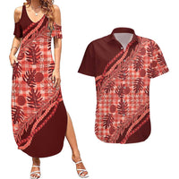 Hawaii Breadfruit Palaka Couples Matching Summer Maxi Dress and Hawaiian Shirt Ulaula Maile Lei LT9 Red - Polynesian Pride