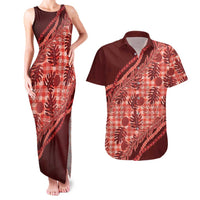 Hawaii Breadfruit Palaka Couples Matching Tank Maxi Dress and Hawaiian Shirt Ulaula Maile Lei LT9 Red - Polynesian Pride