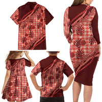 Hawaii Breadfruit Palaka Family Matching Long Sleeve Bodycon Dress and Hawaiian Shirt Ulaula Maile Lei - Polynesian Pride