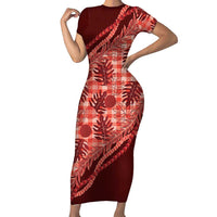 Hawaii Breadfruit Palaka Short Sleeve Bodycon Dress Ulaula Maile Lei LT9 Long Dress Red - Polynesian Pride