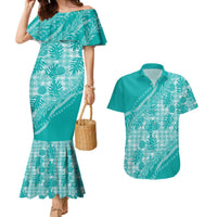 Hawaii Breadfruit Palaka Couples Matching Mermaid Dress and Hawaiian Shirt Polu Opal Maile Lei LT9 Turquoise - Polynesian Pride