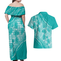 Hawaii Breadfruit Palaka Couples Matching Off Shoulder Maxi Dress and Hawaiian Shirt Polu Opal Maile Lei - Polynesian Pride