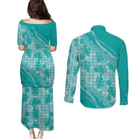 Hawaii Breadfruit Palaka Couples Matching Puletasi and Long Sleeve Button Shirt Polu Opal Maile Lei LT9 - Polynesian Pride
