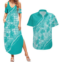Hawaii Breadfruit Palaka Couples Matching Summer Maxi Dress and Hawaiian Shirt Polu Opal Maile Lei LT9 Turquoise - Polynesian Pride