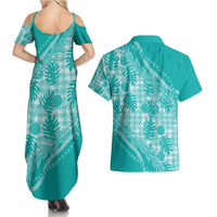 Hawaii Breadfruit Palaka Couples Matching Summer Maxi Dress and Hawaiian Shirt Polu Opal Maile Lei - Polynesian Pride