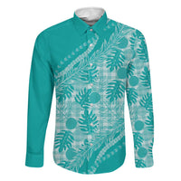Hawaii Breadfruit Palaka Family Matching Mermaid Dress and Hawaiian Shirt Polu Opal Maile Lei LT9 Dad's Shirt - Long Sleeve Turquoise - Polynesian Pride
