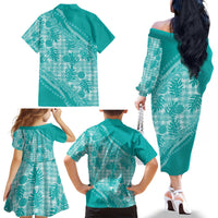 Hawaii Breadfruit Palaka Family Matching Off The Shoulder Long Sleeve Dress and Hawaiian Shirt Polu Opal Maile Lei - Polynesian Pride