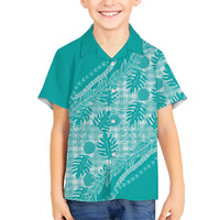 Hawaii Breadfruit Palaka Family Matching Off The Shoulder Long Sleeve Dress and Hawaiian Shirt Polu Opal Maile Lei - Polynesian Pride