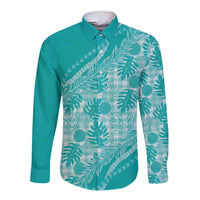 Hawaii Breadfruit Palaka Long Sleeve Button Shirt Polu Opal Maile Lei LT9 Unisex Turquoise - Polynesian Pride
