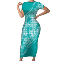 Hawaii Breadfruit Palaka Short Sleeve Bodycon Dress Polu Opal Maile Lei LT9 Long Dress Turquoise - Polynesian Pride