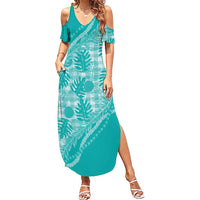 Hawaii Breadfruit Palaka Summer Maxi Dress Polu Opal Maile Lei LT9 Women Turquoise - Polynesian Pride