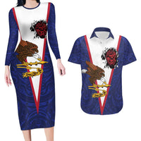 American Samoa Heart Tribal Personalized Couples Matching Long Sleeve Bodycon Dress and Hawaiian Shirt Polynesian Patterns LT9 Blue - Polynesian Pride
