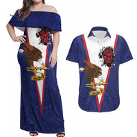 American Samoa Heart Tribal Personalized Couples Matching Off Shoulder Maxi Dress and Hawaiian Shirt Polynesian Patterns LT9 Blue - Polynesian Pride