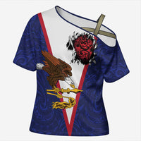 American Samoa Heart Tribal Personalized Cross Shoulder Shirt Polynesian Patterns LT9 Female Blue - Polynesian Pride